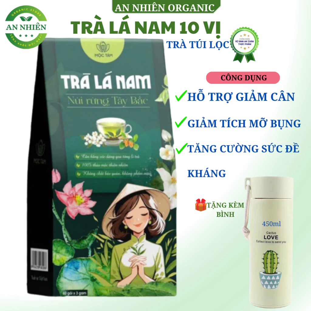 Trà Lá Nam 10 Vị Mộc Tâm Hộp 60 Túi Lọc Hỗ Trợ Giảm Cân, Mát Gan, Thanh Lọc Cơ Thể Chống Lão Hóa